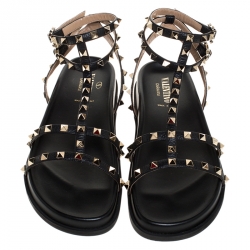 Pre Owned Valentino Black Leather Rockstud Ankle Strap Gladiator Flat Sandals Size 39.5