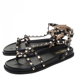 Pre Owned Valentino Black Leather Rockstud Ankle Strap Gladiator Flat Sandals Size 39.5