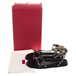 Pre Owned Valentino Black Leather Rockstud Ankle Strap Gladiator Flat Sandals Size 39.5