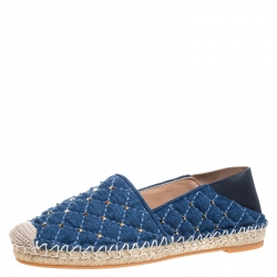 Pre Owned Valentino Blue Denim And Lether Rockstud Spike Fold-down Back Espadrilles Size 36