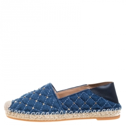 Pre Owned Valentino Blue Denim And Lether Rockstud Spike Fold-down Back Espadrilles Size 36
