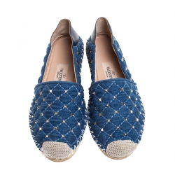 Pre Owned Valentino Blue Denim And Lether Rockstud Spike Fold-down Back Espadrilles Size 36