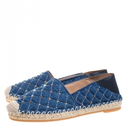 Pre Owned Valentino Blue Denim And Lether Rockstud Spike Fold-down Back Espadrilles Size 36