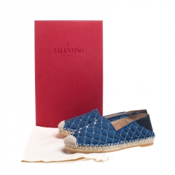 Pre Owned Valentino Blue Denim And Lether Rockstud Spike Fold-down Back Espadrilles Size 36