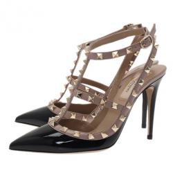 Pre Owned صندل فالينتينو روكستاد جلد أسود وبيج لامع مقاس 37.5