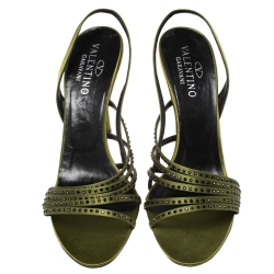 Pre Owned Valentino Green Crystal Embellished Satin Strappy Slingback Sandals Size 40