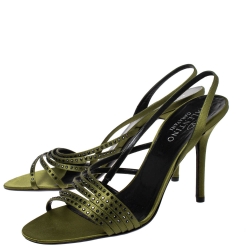 Pre Owned Valentino Green Crystal Embellished Satin Strappy Slingback Sandals Size 40