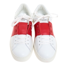 Pre Owned Valentino White And Red Band Leather Open Low Top Sneakers Size 40