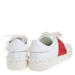 Pre Owned Valentino White And Red Band Leather Open Low Top Sneakers Size 40