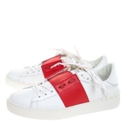 Pre Owned Valentino White And Red Band Leather Open Low Top Sneakers Size 40
