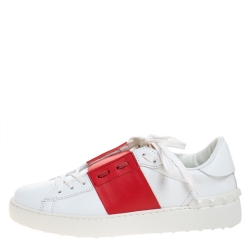 Pre Owned Valentino White And Red Band Leather Open Low Top Sneakers Size 40