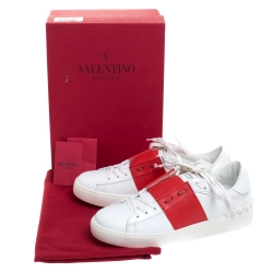 Pre Owned Valentino White And Red Band Leather Open Low Top Sneakers Size 40