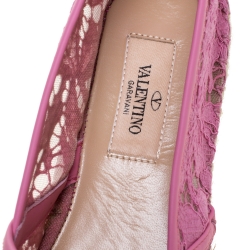 Pre Owned Valentino Pink Lace And Leather Trim Espadrille Flats Size 38