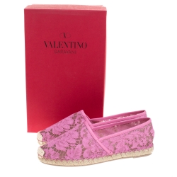 Pre Owned Valentino Pink Lace And Leather Trim Espadrille Flats Size 38