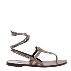 مملوكة مسبقًا Valentino Poudre/Nero Grainy Leather Rockstud Ankle Strap Flat Sandals Size 39