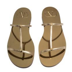 مملوكة مسبقًا Valentino Dark Gold Leather Flat Slides Size 38