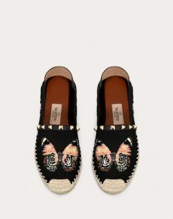 Pre Owned Valentino Black Canvas Embroidered Butterfly Espadrille Slip on Sneakers Size 38