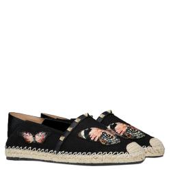 Pre Owned Valentino Black Canvas Embroidered Butterfly Espadrille Slip on Sneakers Size 38