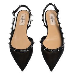 Pre Owned Valentino Black Mesh and Leather Rockstud Pointed Toe Slingback Flats Size 39