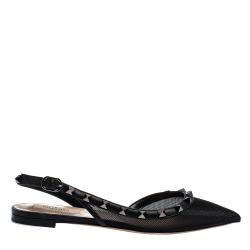 مملوكة مسبقًا Valentino Black Mesh and Leather Rockstud Pointed Toe Slingback Flats Size 40