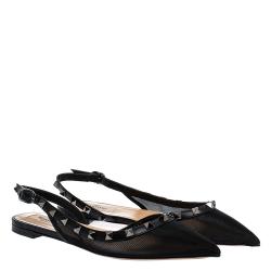مملوكة مسبقًا Valentino Black Mesh and Leather Rockstud Pointed Toe Slingback Flats Size 40