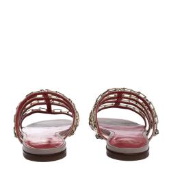 Pre Owned Valentino Poudre Leather Chain Caged Flat Slides Size 37.5