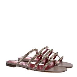 Pre Owned Valentino Poudre Leather Chain Caged Flat Slides Size 39