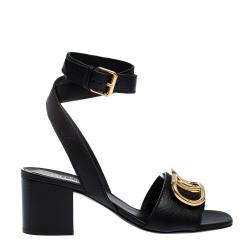 Pre Owned Valentino Black Leather VLOGO Ankle Wrap Block Heel Sandals Size 38.5