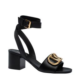 Pre Owned Valentino Black Leather VLOGO Ankle Wrap Block Heel Sandals Size 38.5