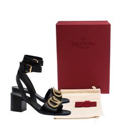 Pre Owned Valentino Black Leather VLOGO Ankle Wrap Block Heel Sandals Size 38.5