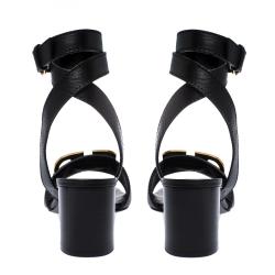 Pre Owned Valentino Black Leather VLOGO Ankle Wrap Block Heel Sandals Size 36