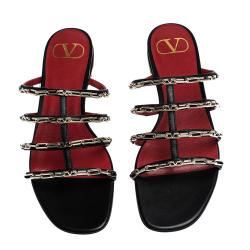 Pre Owned Valentino Black Leather Chain Caged Flat Slides Size 36.5