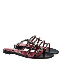 Pre Owned Valentino Black Leather Chain Caged Flat Slides Size 36.5