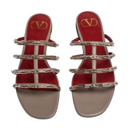 Pre Owned Valentino Poudre Leather Chain Caged Flat Slides Size 39.5