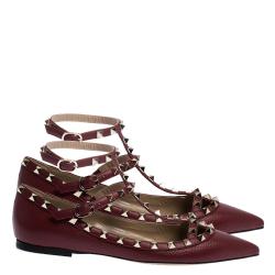 Pre Owned Valentino Bordeaux Leather Rockstud Ankle Strap Ballet Flats Size 37