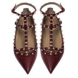 Pre Owned Valentino Bordeaux Leather Rockstud Ankle Strap Ballet Flats Size 38.5