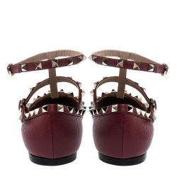 مملوكة مسبقًا Valentino Bordeaux Leather Rockstud Ankle Strap Ballet Flats Size 42