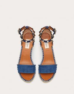 Pre Owned Valentino Blue Denim Rockstud Espadrille Double Wedge Sandals Size 38