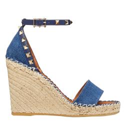 Pre Owned Valentino Blue Denim Rockstud Espadrille Double Wedge Sandals Size 38
