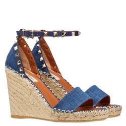 Pre Owned Valentino Blue Denim Rockstud Espadrille Double Wedge Sandals Size 39