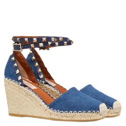 Pre Owned Valentino Blue Denim Rockstud Espadrille Double Wedge Sandals Size 36