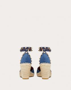 Pre Owned Valentino Blue Denim Rockstud Espadrille Double Wedge Sandals Size 36