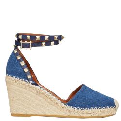 Pre Owned Valentino Blue Denim Rockstud Espadrille Double Wedge Sandals Size 39