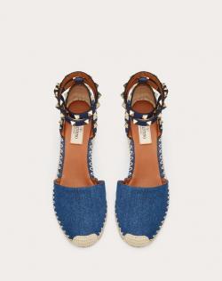 Pre Owned Valentino Blue Denim Rockstud Espadrille Double Wedge Sandals Size 40