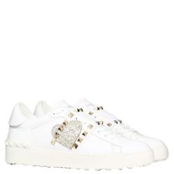 Pre Owned Valentino White Heart Embroidered Leather Rockstud Untitled Sneakers Size 38.5