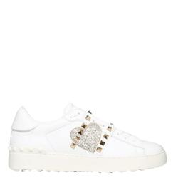 Pre Owned Valentino White Heart Embroidered Leather Rockstud Untitled Sneakers Size 38.5