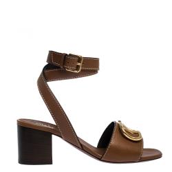 Pre Owned Valentino Tan Grainy Leather VLOGO Ankle Wrap Block Heel Sandals Size 37