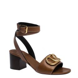 Pre Owned Valentino Tan Grainy Leather VLOGO Ankle Wrap Block Heel Sandals Size 37
