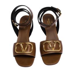 Pre Owned Valentino Tan Grainy Leather VLOGO Ankle Wrap Block Heel Sandals Size 37.5