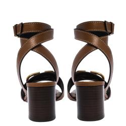 Pre Owned Valentino Tan Grainy Leather VLOGO Ankle Wrap Block Heel Sandals Size 37.5